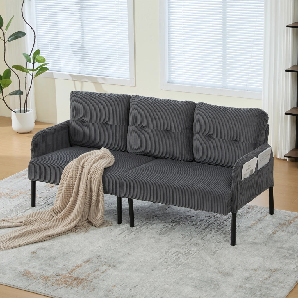 DIVANO 3 POSTI in corduroy grigio con tasche laterali