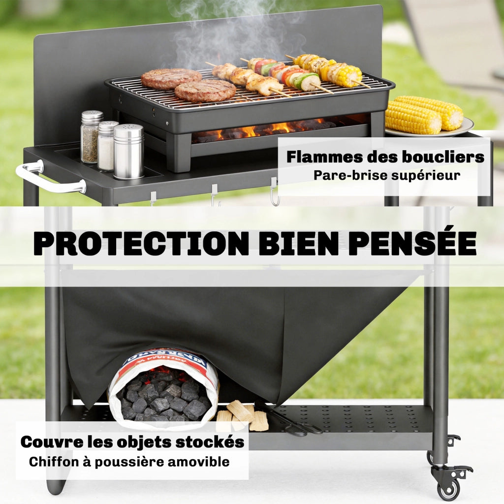 Carrello Barbecue Mobile 3 Livelli con Paravento ¨C zephmum ¨C 100x46x110cm Nero