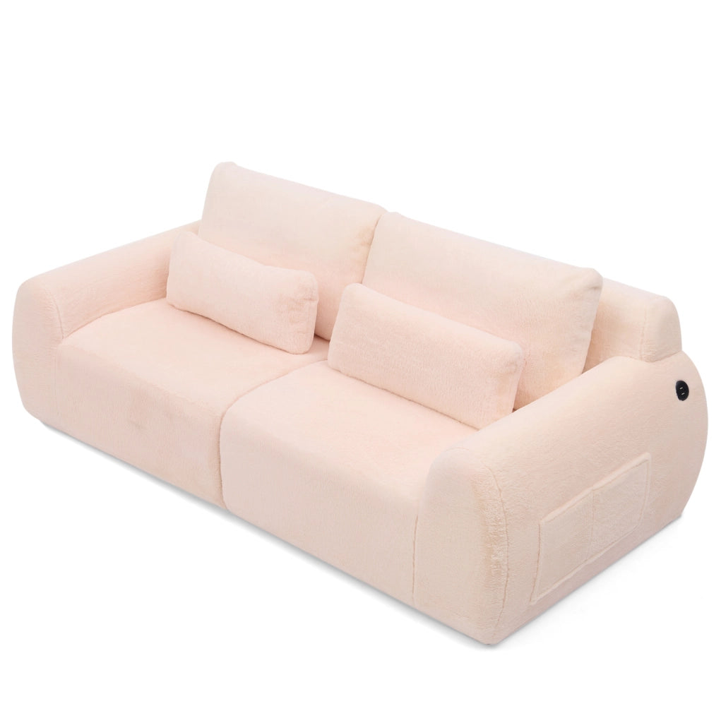 Divano 2 posti 208x101x81 cm rosa, USB e tasca laterale, senza telaio, mousse