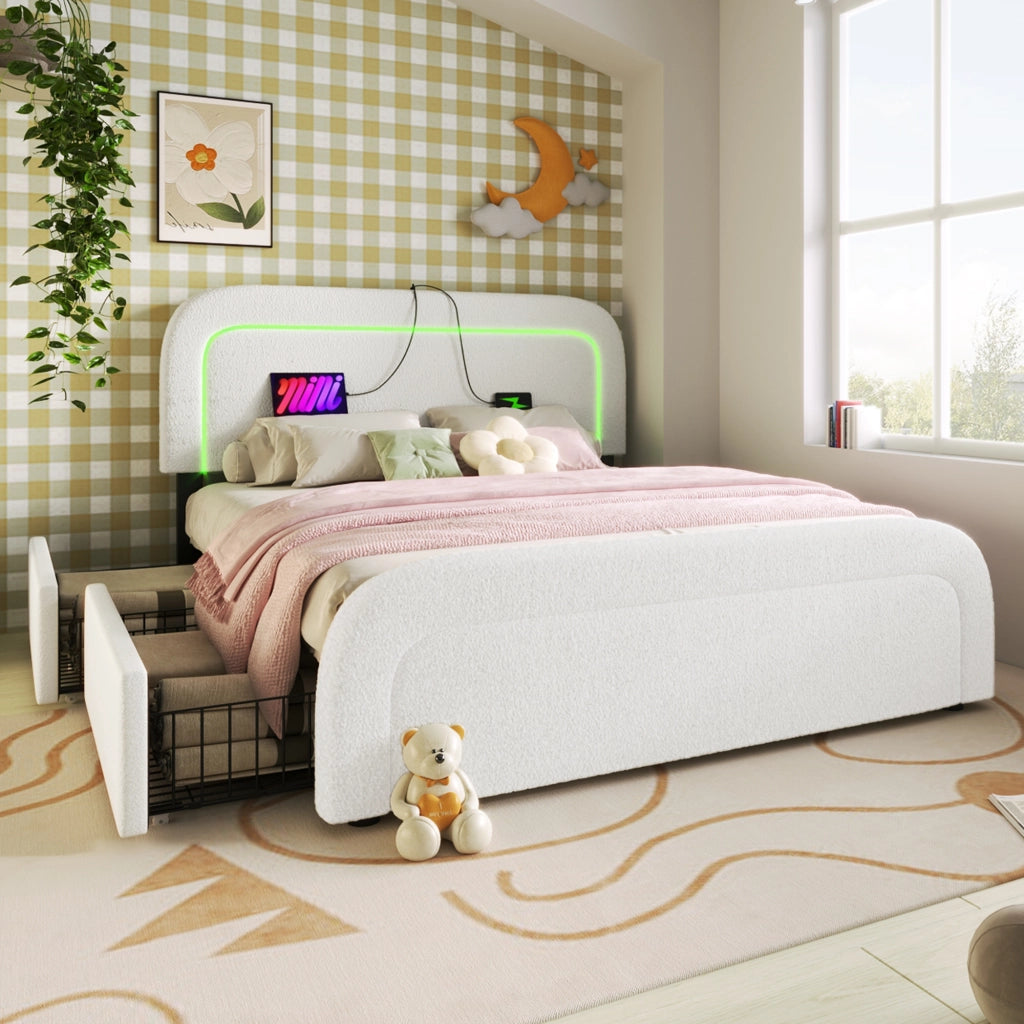 OKWISH Letto con Cassetti 140×200 cm, Letto Matrimoniale con 4 Cassetti, USB, Type-C, LED e Testiera Regolabile, con Materasso
