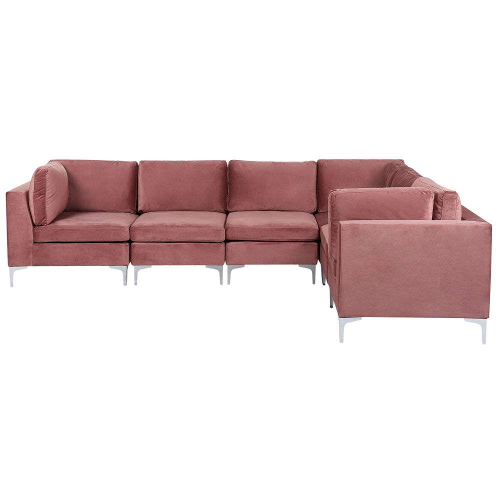 Divano componibile ad angolo versione sinistra in velluto rosa 6 posti a forma di L con gambe in metallo argento stile glamour