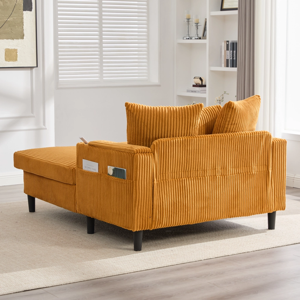 Chaise Longue con Portabicchieri, Illuminazione LED, Tasca Laterale, Vano e USB, Velluto Corduroy Senape