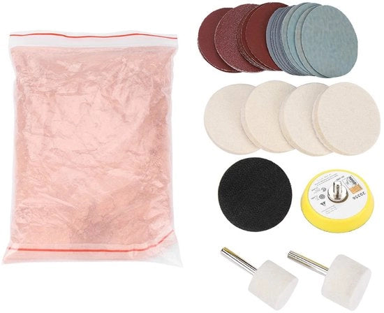 Impastatrice con cerio - Kit di abrasione - Rimuove graffi dal vetro - Cerio d'ossido - Dischi abrasivi con guanti in velluto - Per rulli circolari - Completo con carta vetrata