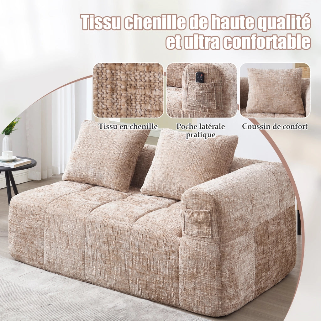 Divano 2 Posti con Tasche Laterali e Cuscino; Stile Chaise Longue; in Ciniglia; Cachi; 158 × 90 × 60 cm