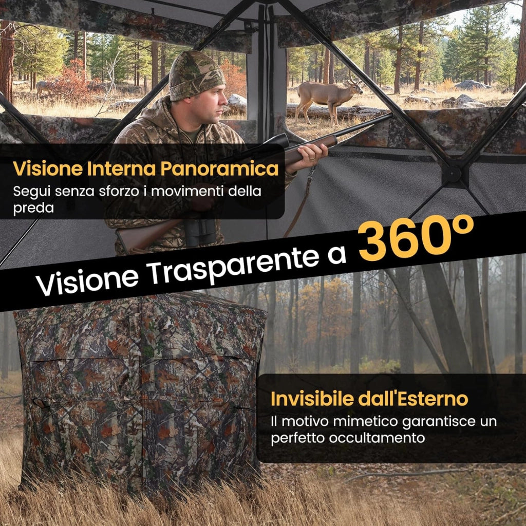 Tenda da Caccia Portatile per 4 Persone, Capanno Mimetico a Visione a 360° con Rete Trasparente e Borsa da Trasporto, Tenda Pop-up Camouflage per Caccia di Cervi e Tacchini, 147 x 147 x 170 cm