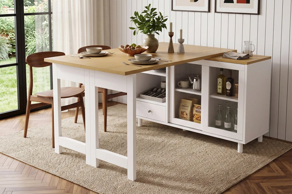 Tavolo da pranzo pieghevole e allungabile con contenitore, struttura salvaspazio, 3 configurazioni, bianco