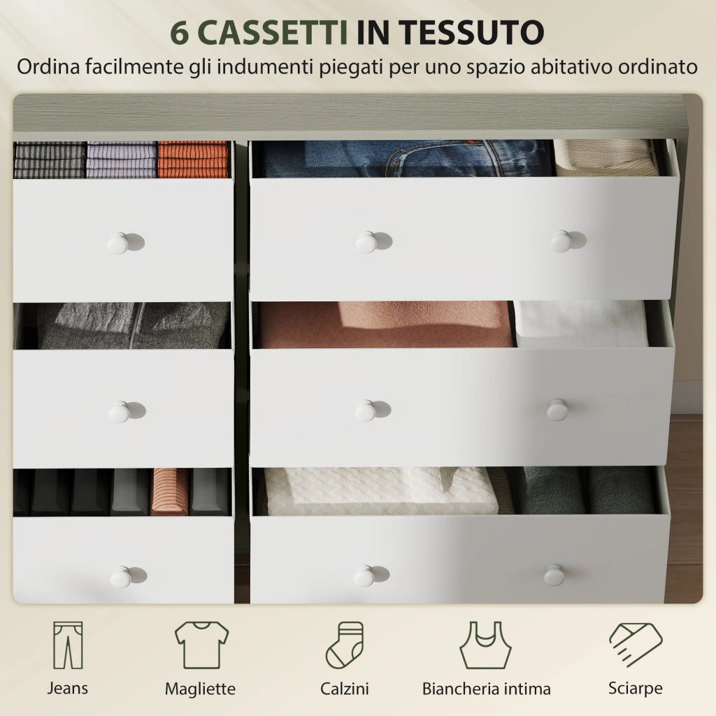 Cassettiera con 6 Cassetti in Tessuto 114x30x70 cm con Maniglie Doppie Struttura in MDF Bianco e Grigio