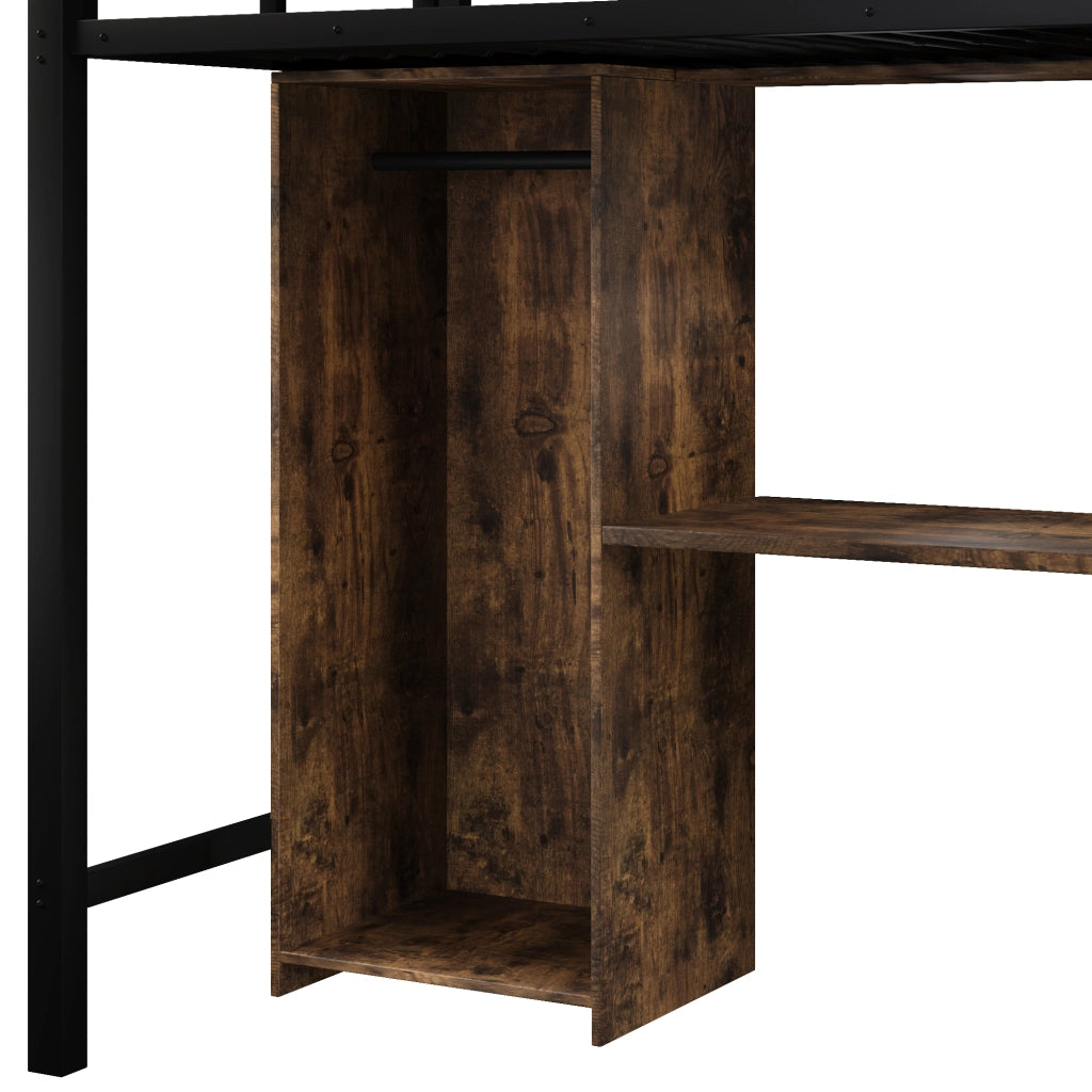 Letto a soppalco singolo 90×200 cm con armadio; scrivania e ripiani; senza materasso; metallo; nero