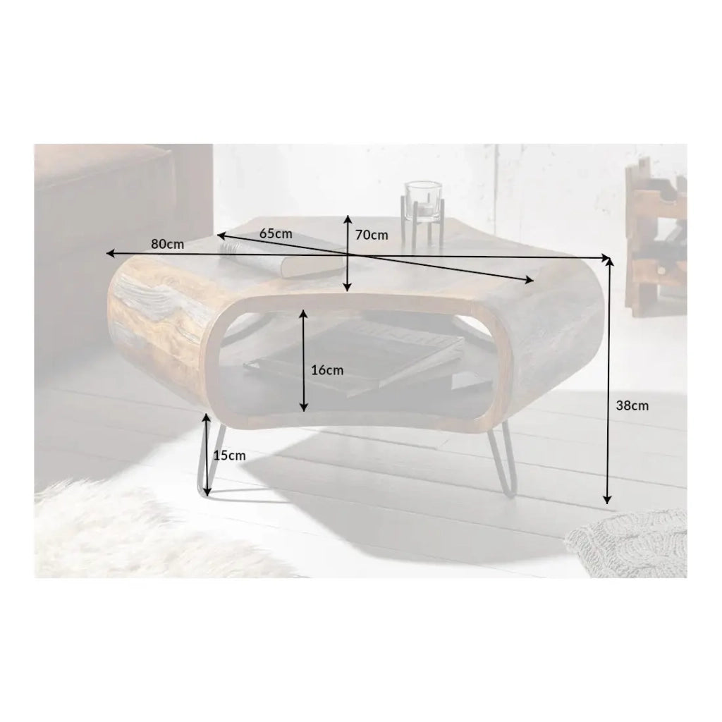 Tavolino basso NERA 80 cm in legno massiccio di Sheesham marrone e grigio con nicchia – design retro industriale
