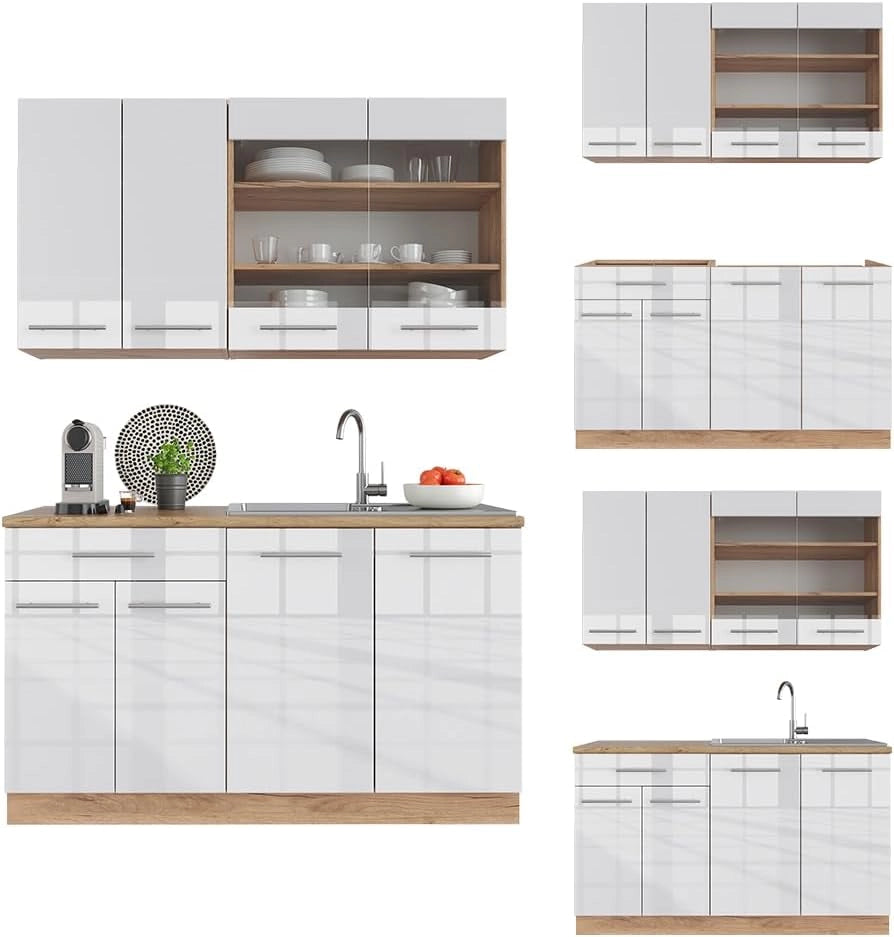 Cucina completa Fame-Line, Bianco lucido/oro power oak, 140 cm senza piano di lavoro, per la libera combinazione con moduli cucina aggiuntivi