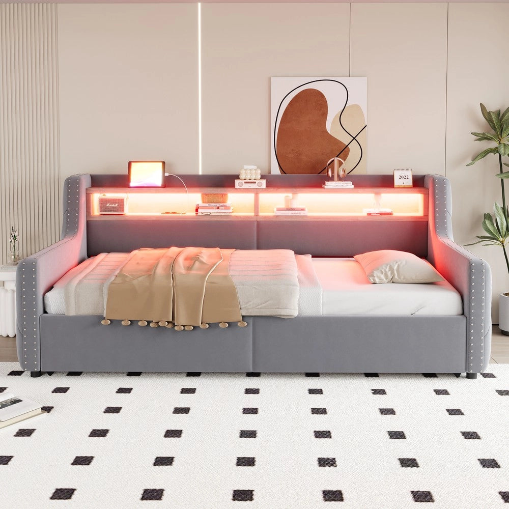 Letto Imbottito Singolo con Contenitore Idraulico e LED ¨C MINIMAL ¨C Grigio Chiaro, 90x200