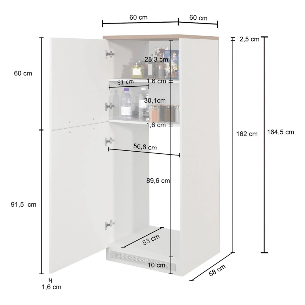 Dispensa da cucina Mesarthim, Mobile multiuso, Armadio porta frigo a 2 ante, 100% Made in Italy, 60x60h165 cm, Bianco lucido e Ardesia