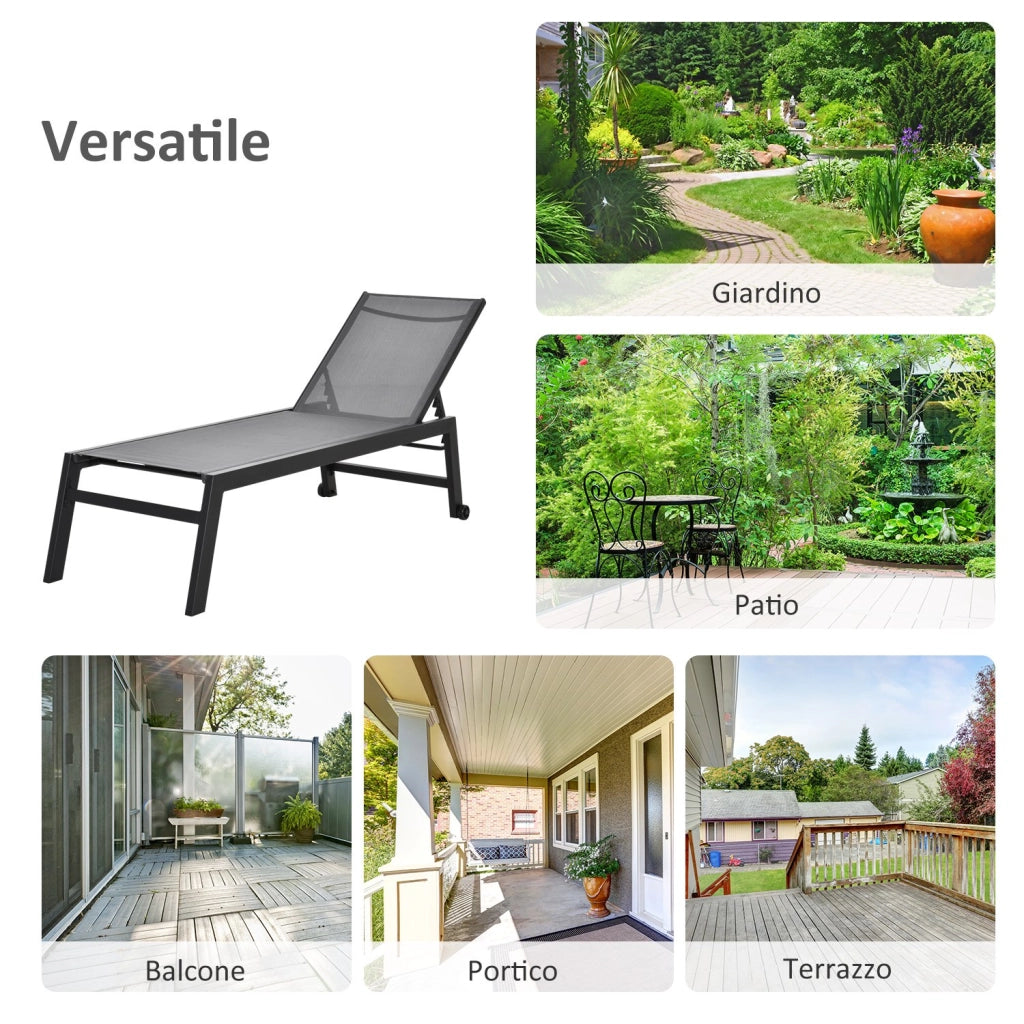 Easycomfort Lettino Sdraio Prendisole in Alluminio e Texteline Schienale Regolabile, Grigio e Nero, 2 Ruote 169x65x102cm