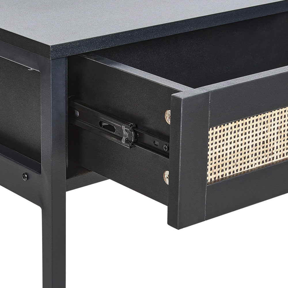 Tavolo Consolle Nero Legno di Fabbrica Gambe in Legno di Gomma Nero 2 Cassetti Fronti in Vimini Rattan Soggiorno Camera da Letto Corridoio Mobili Boho Design