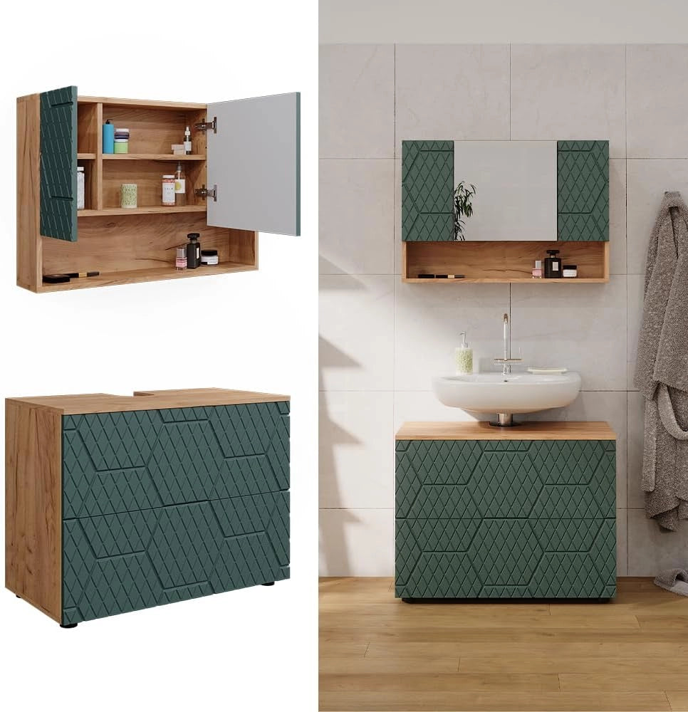 Set mobili bagno Irma, Quercia verde/oro, 80 cm, composto da specchio da bagno e mobile sottolavabo