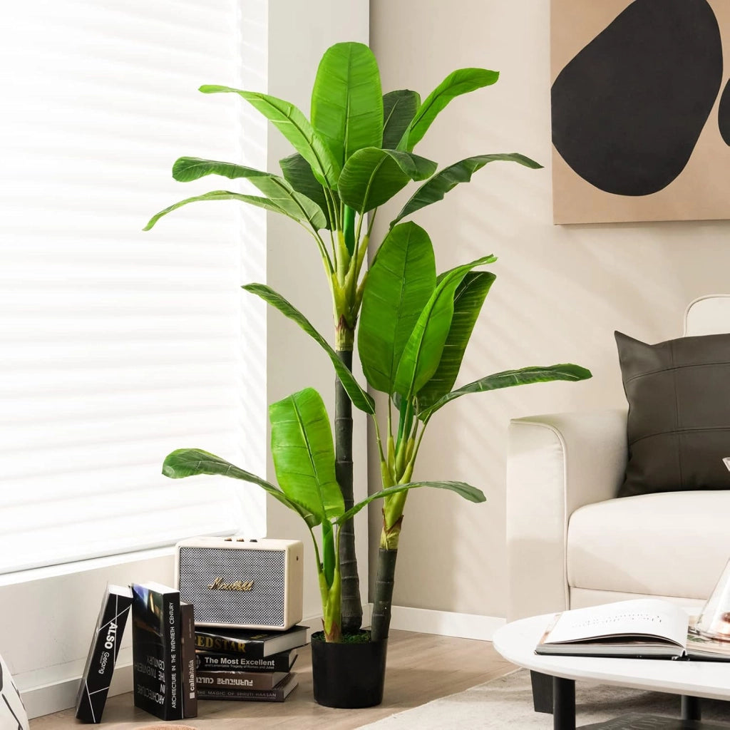 Pianta Finta Artificiale da 150 cm, Albero di Areca Artificiale con Supporto in Cemento, 18 Foglie in Plastica PE e 3 Rami, Ideale per Casa, Negozio e Ufficio, Verde