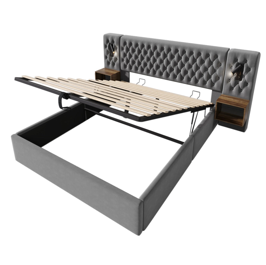 Letto matrimoniale 180x200 cm con contenitore idraulico; 2 comodini; luci LED e porte USB/Type-C; grigio velluto