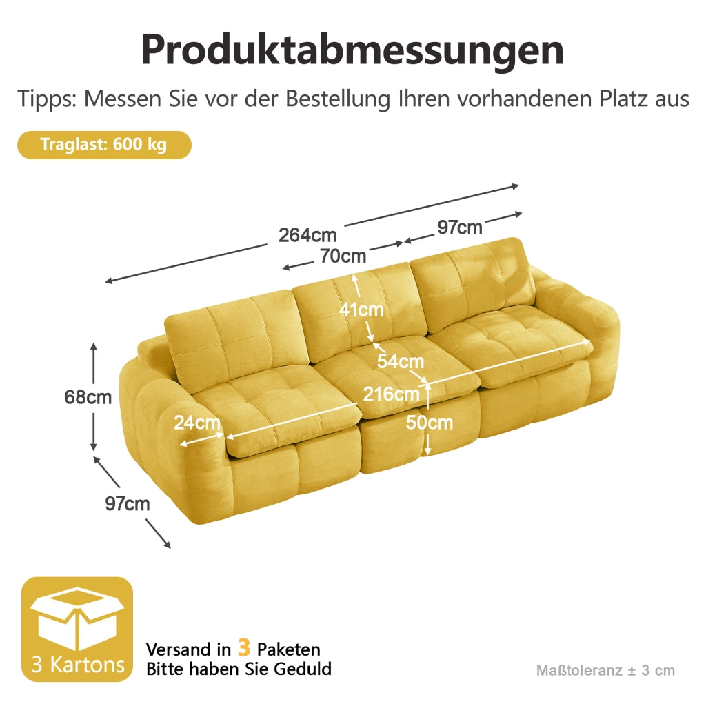 Divano modulare a 3 posti senza cornice con design trapuntato e cuscini ergonomici per soggiorno in ciniglia gialla