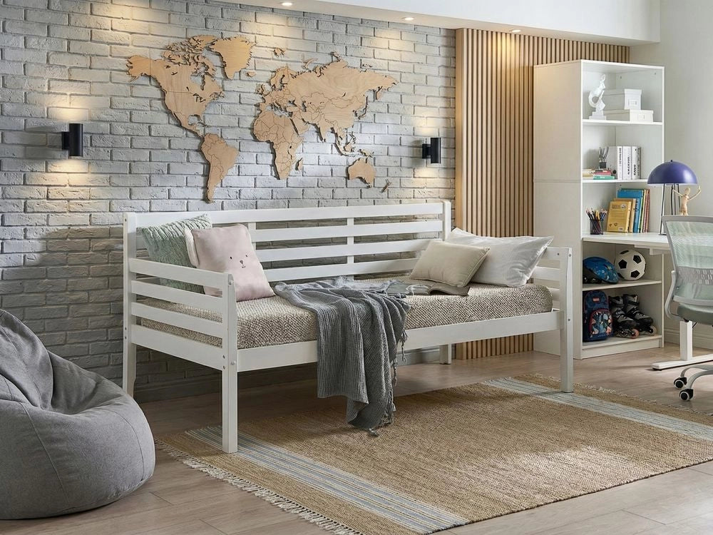 Divano letto in legno di gomma bianca, misura singola 90 x 200 cm con rete a doghe in stile moderno