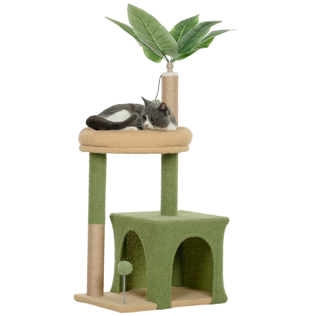 Albero Tiragraffi per Gatti con Casetta Lettino e Palline  44x30x98 cm Verde e Marrone