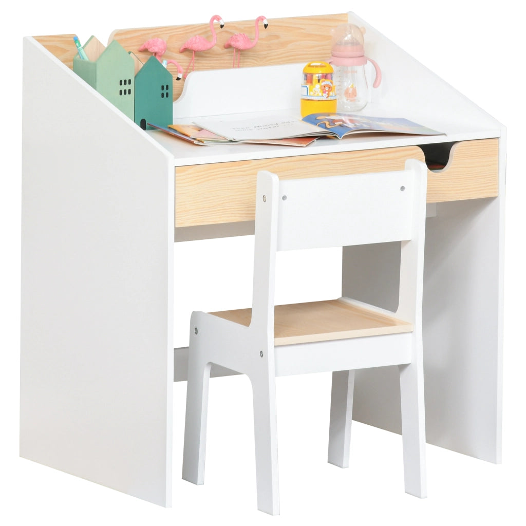 Set Scrivania e Sedia per Bambini con Cassetto e Scaffale, Bordi Arrotondati, Et¨¤ 6-10 Anni, Bianco e Legno
