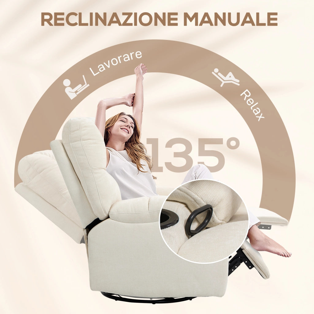 Poltrona Relax Reclinabile 135° 88x96x108 cm con Portabicchieri e Poggiapiedi in Tessuto Effetto Lino Beige
