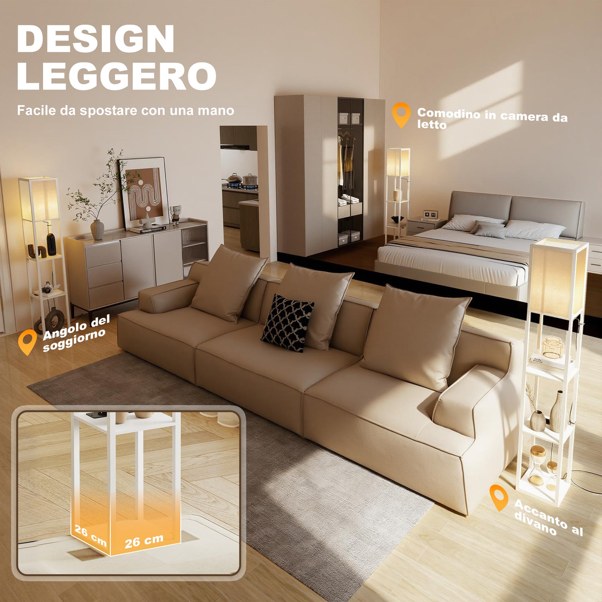 Lampada da Terra 26x26x160 cm Struttura con Ripiani Luce Regolabile Interruttore a Pedale e Porte USB in MDF Bianco