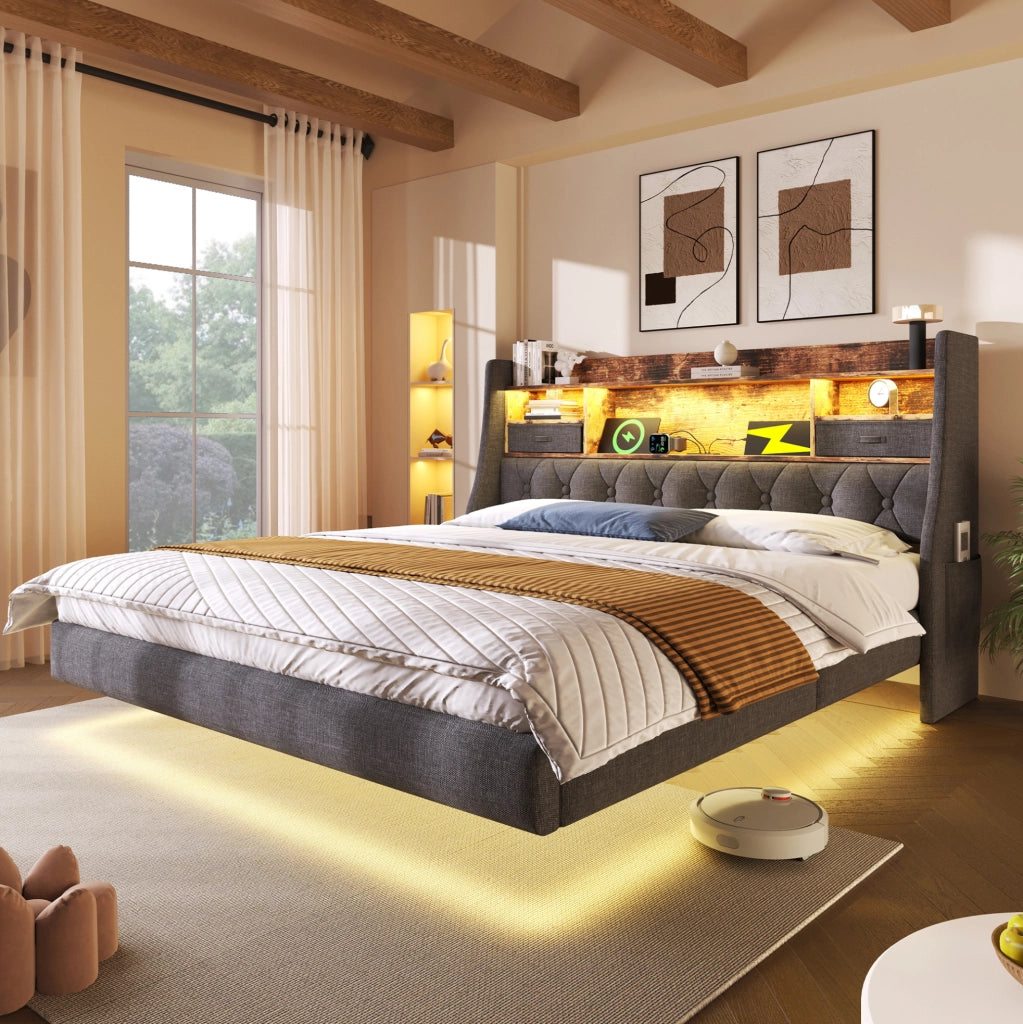Letto matrimoniale 160x200 cm in lino grigio con LED; prese USB e contenitore testiera