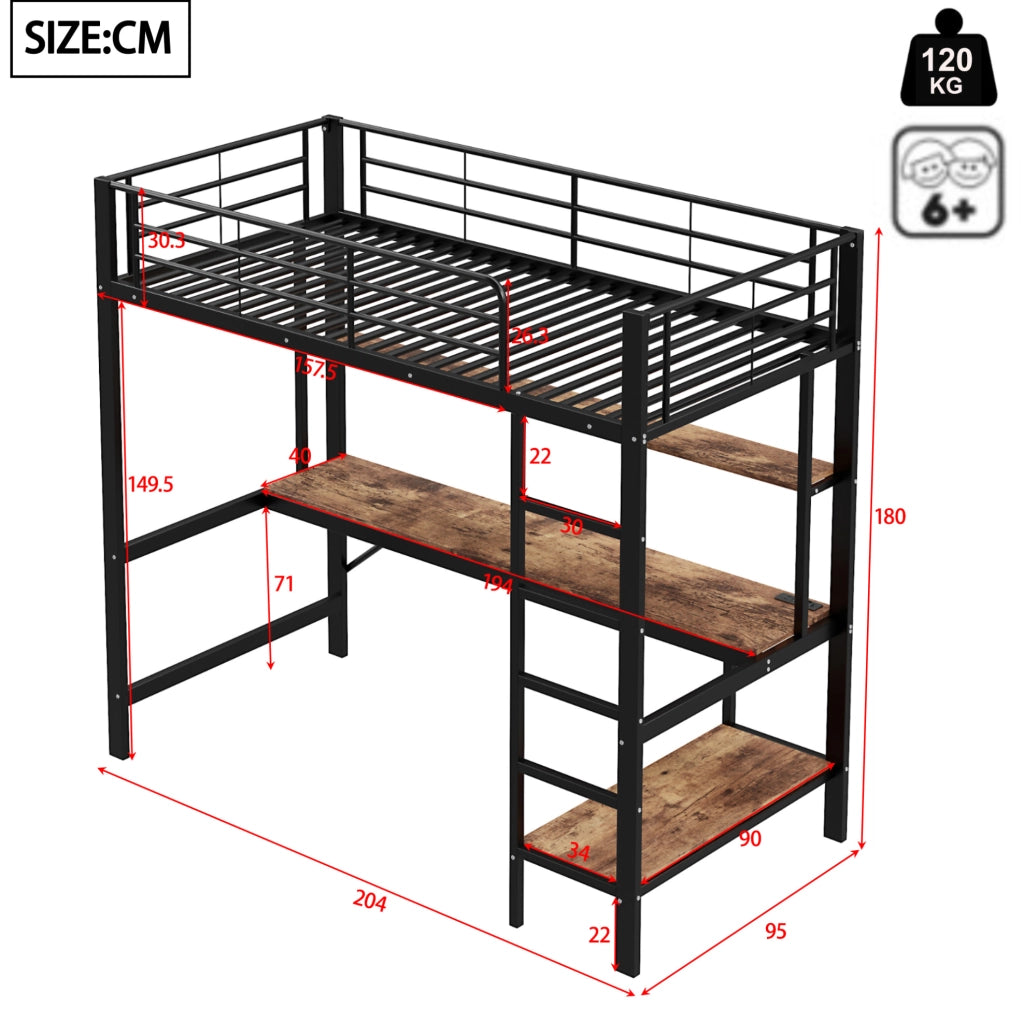 Letto a soppalco con scrivania, scaffale, luci LED e prese USB
