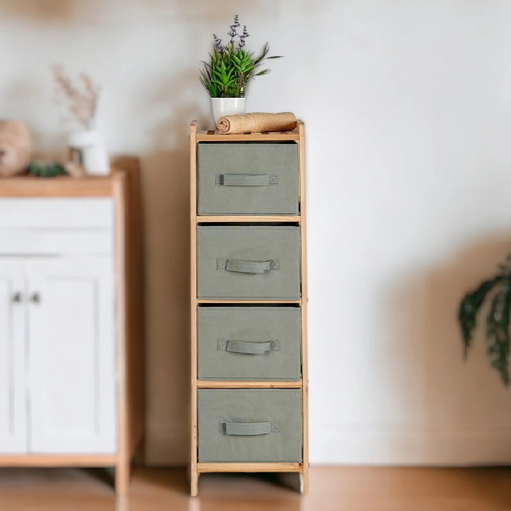 Mobile Cassettiera 4 Cassetti in Legno Naturale e Stoffa Colore Grigio H 89cm