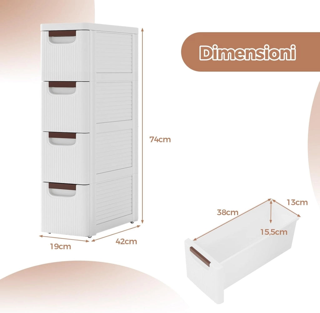 Mobile Bagno con 4 Cassetti, Mobiletto Bagno Salvaspazio con Ruote, Cassettiera in PP per Soggiorno, Bagno e Cucina, 42 x 19 x 74 cm