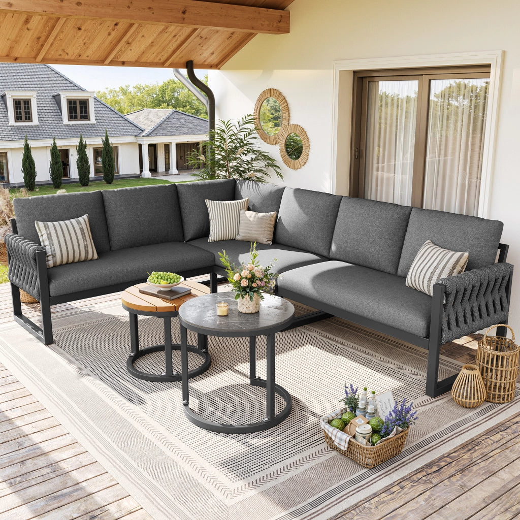 OKWISH Set da 5 mobili da giardino con 2 divani singoli, 1 divano angolare e 2 tavoli, Olefin Grigio