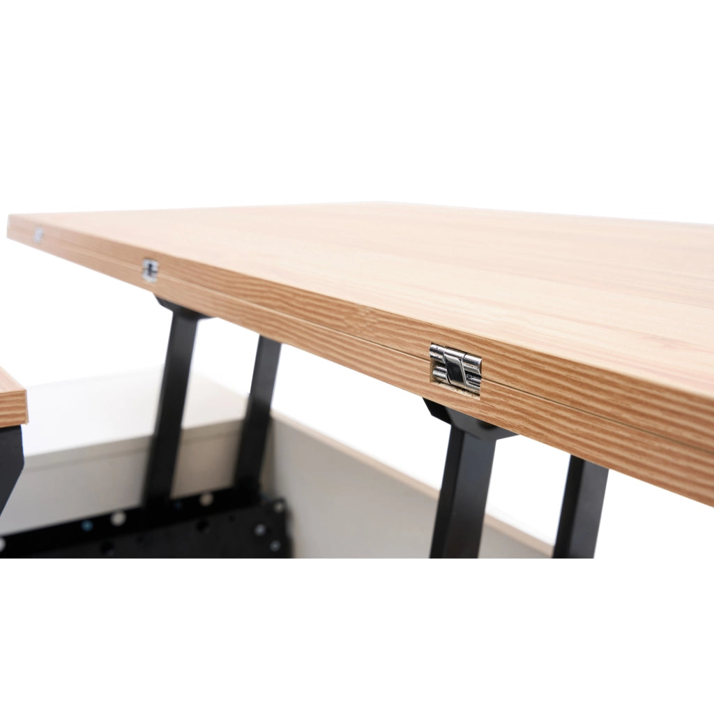 Tavolino da salotto con doppio piano sollevabile e vano contenitore; 100 x 50 x 55;5 cm; bianco e legno
