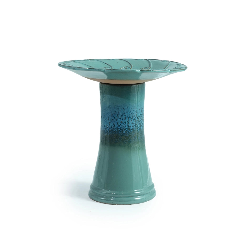 BAGNO per uccelli in ceramica Ø43x45 cm blu teal con piedistallo