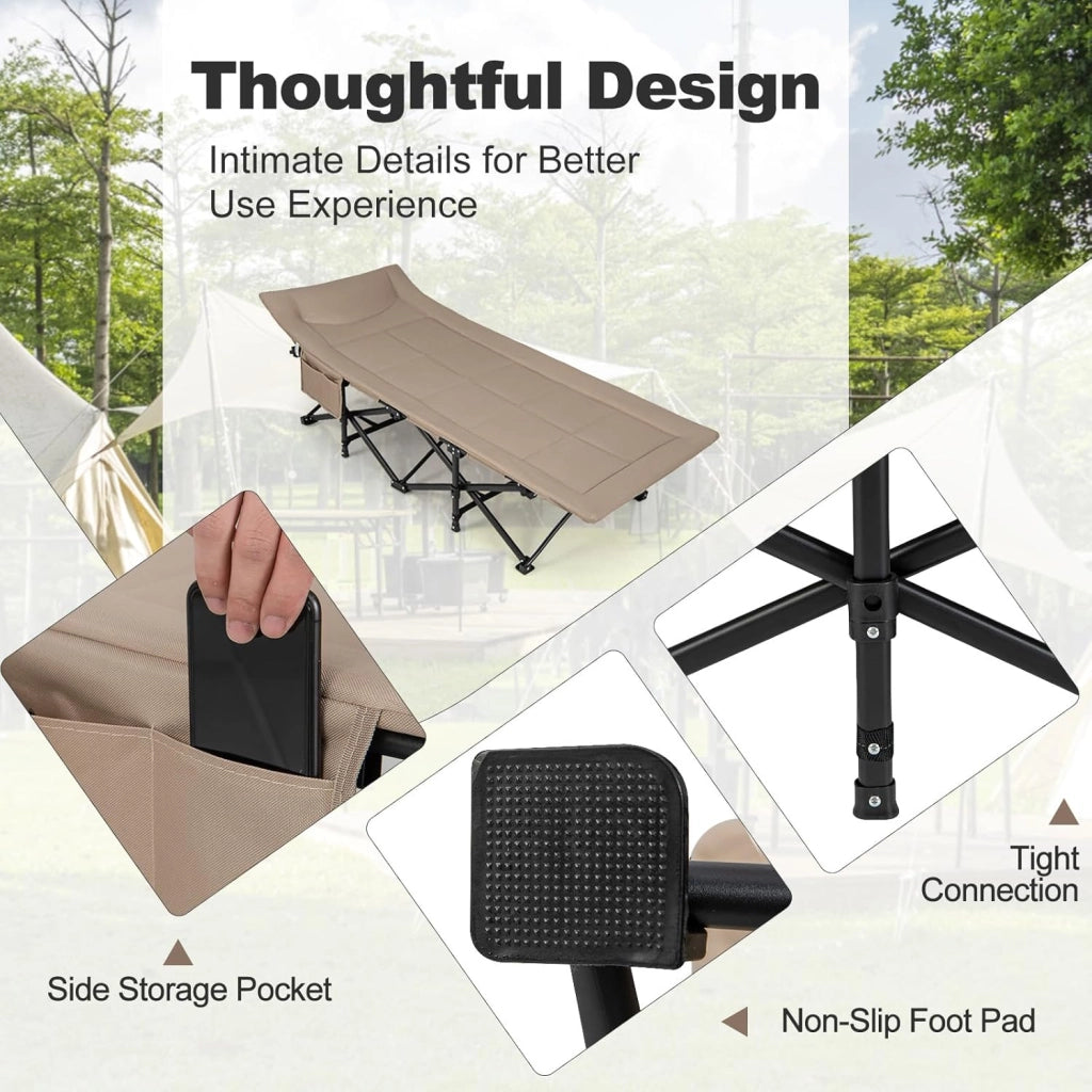 SOARS Lettino pieghevole da campeggio con cuscino integrato, letto pieghevole con tasca laterale e borsa per il trasporto, portata fino a 200 kg, per interni, esterni, 190 x 69 x 48,5 cm