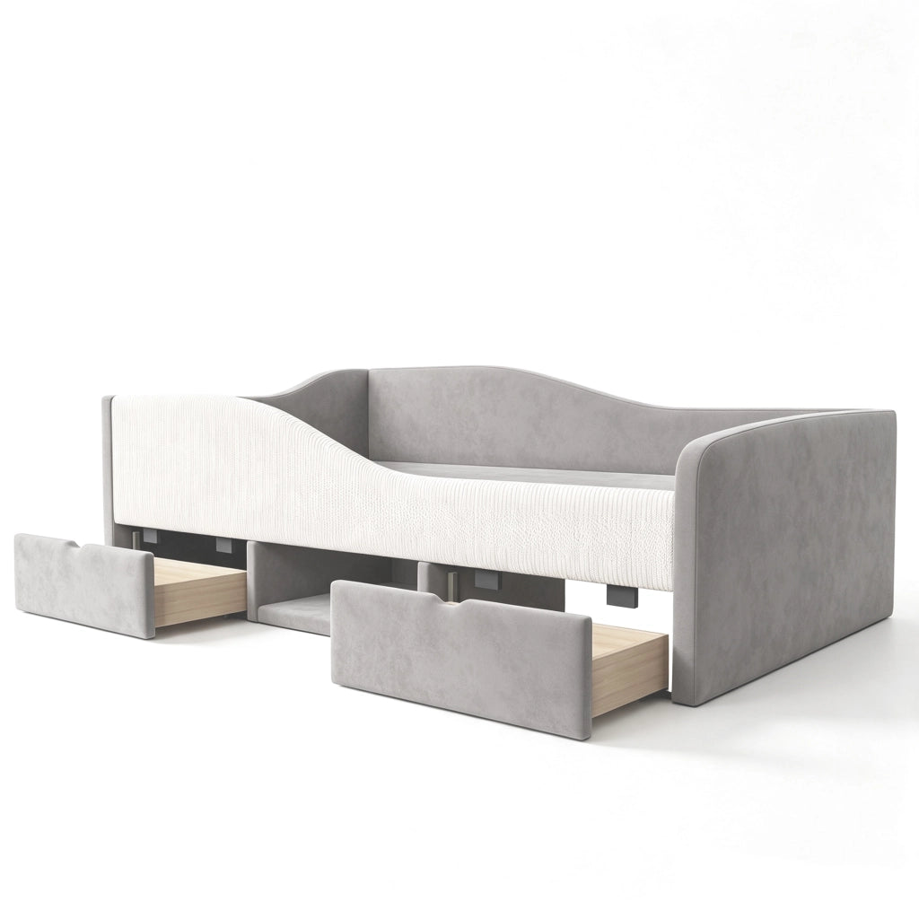 Letto imbottito 90x190 cm con contenitore e sponde di sicurezza in velluto grigio