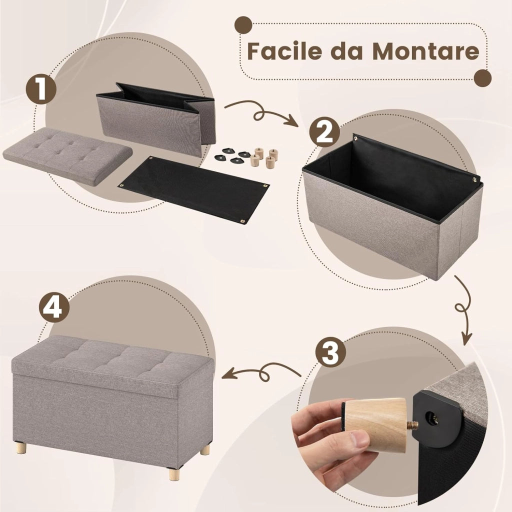 Panca Contenitore 78 L, Cassapanca Contenitore con Vassoio Reversibile e Gambe in Legno Massello, Panca Poggiapiedi Pieghevole in Tessuto di Lino per Soggiorno e Ingresso, 76 X 38 X 39 CM