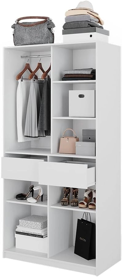 Armadio Elmo, Bianco, 100 x 200 cm con 2 cassetti, per una conservazione flessibile di diversi capi di abbigliamento