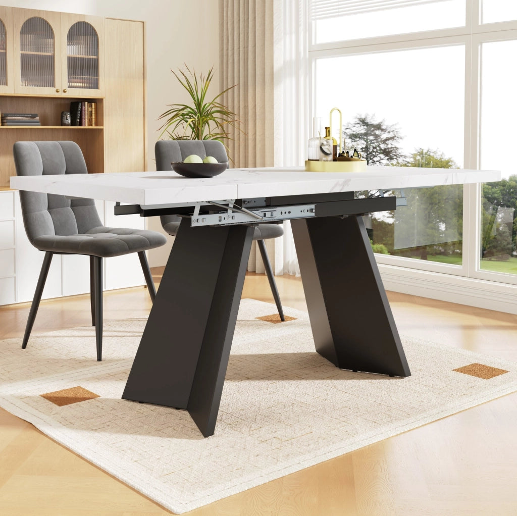 Set da pranzo allungabile 99-159x74x77 cm con 4 sedie; MDF; metallo e velluto; bianco e nero