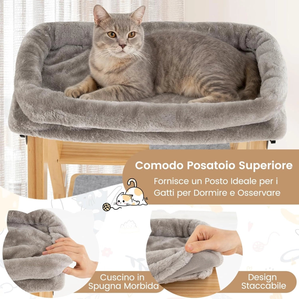 Albero per Gatti Alto 151cm, Tiragraffi per Gatti in Legno con Design a Scala, Cuscino Imbottito e Torretta Superiore, Palo Graffiatrice in Sisal, Mobile Salvaspazio per Gattini