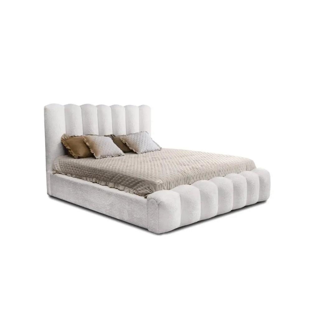 Letto contenitore BADJA – Tessuto bouclé Perla di lino – 180x200 cm – Rete sollevabile – Design di alta gamma
