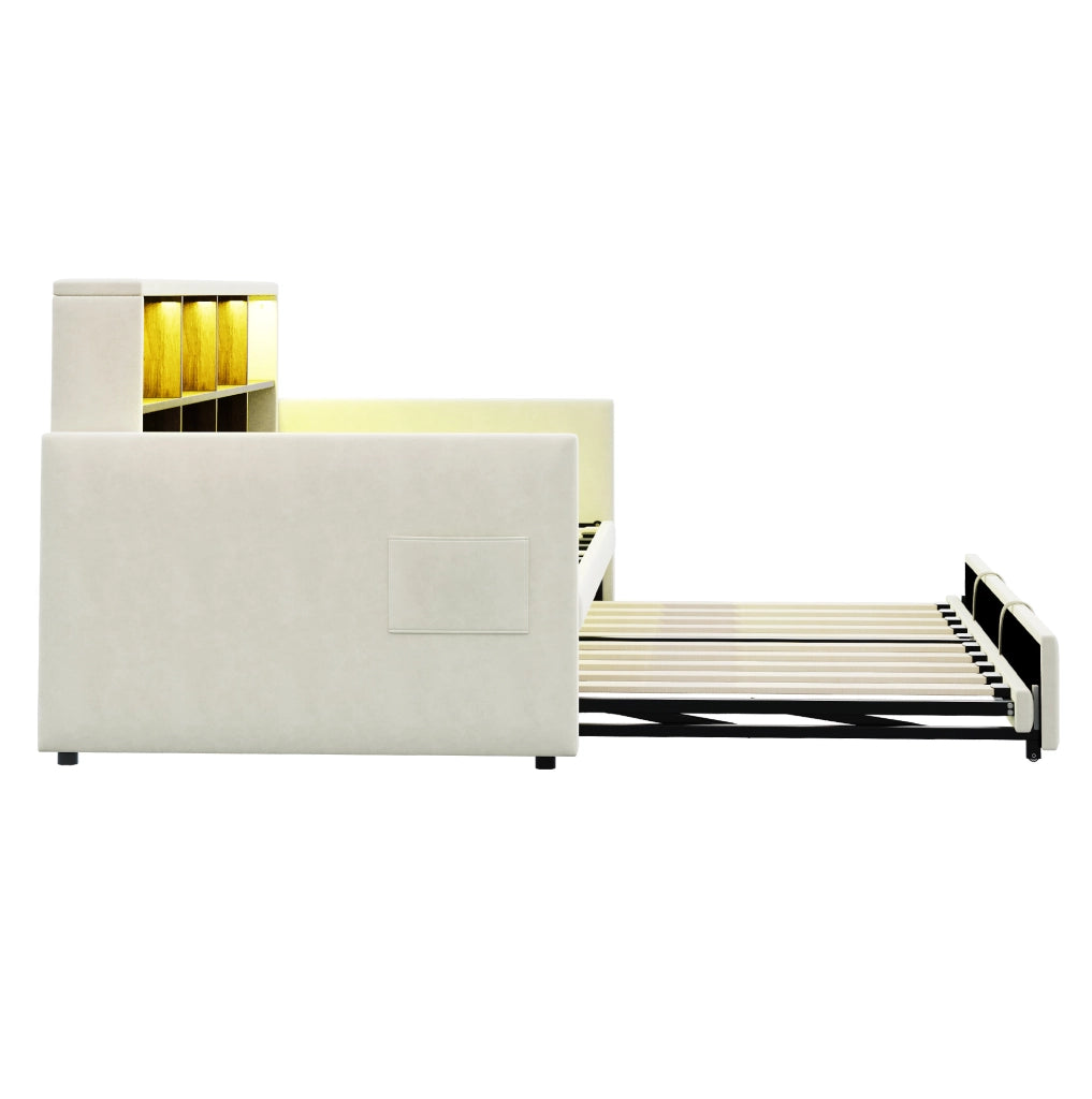 Divano letto imbottito 90x190 cm beige con letto estraibile, LED e prese di ricarica