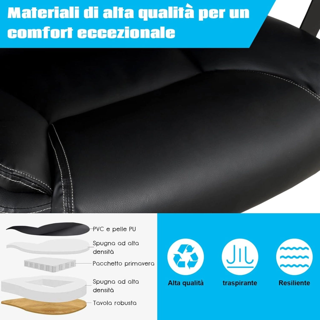 Poltrona da Ufficio Ergonomica Girevole, Sedia per Ufficio Regolabile con Poggiatesta Supporto Lombare e Braccioli, in Spugna Imbottita, Nera