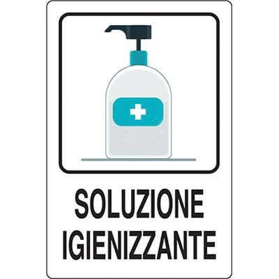 TARGA SEGNALETICA COVID SOLUZIONE IGIENIZZANTE - ALLUMINIO 20X30- 2 pezzi