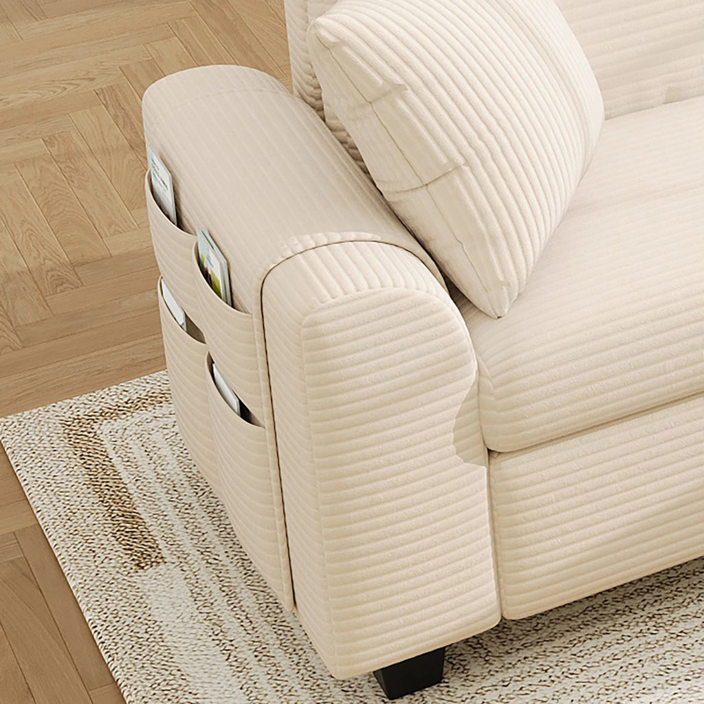 Divano angolare modulare 6 posti con pouf contenitore console mobile e porte usb type c in tessuto beige