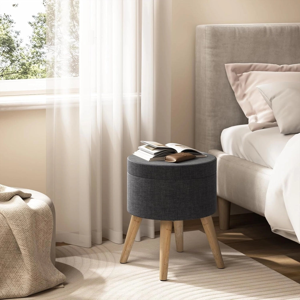 Pouf Contenitore Sgabello Basso Sedia Rotonda Poggiapiedi Gambe in Legno Grigio Scuro