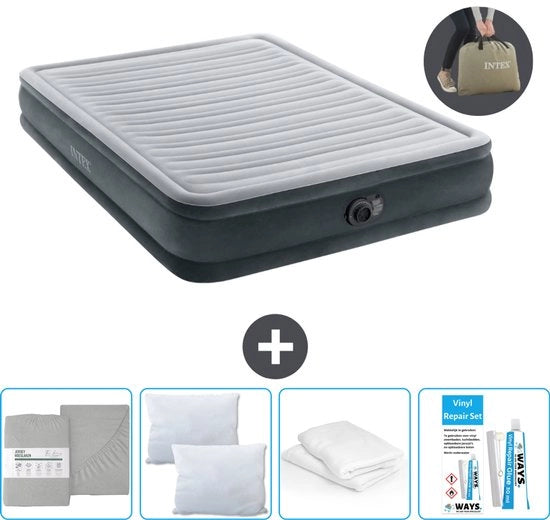 Lettino aeree 2 posti - 152 x 203 x 33 cm - Grigio - Incluso compressore - Telo di protezione - Cuscino - Kit di riparazione e Protezione cuscino