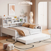 OKWISH Letto Divano 140×200 cm, Letto Matrimoniale con Letto Estraibile 90×190 cm, Contenitore e Mensole, senza Materasso, Legno, Bianco