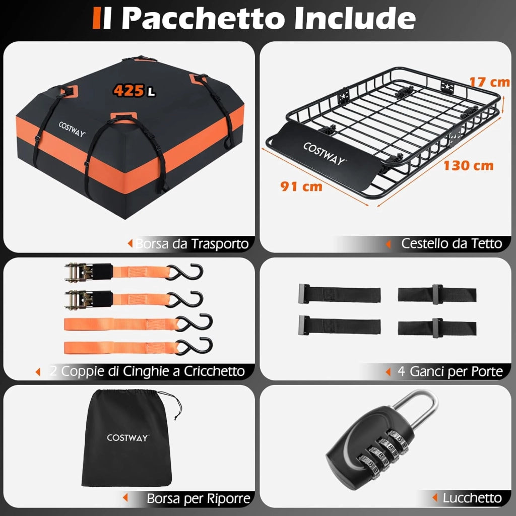 Portapacchi Auto da Tetto, Cestino Portapacchi da Tetto con Borsa per Bagagli e Cinghie a Cricchetto, Portata 90 kg, Barre Portatutto Universale per SUV, Camion, Berlina, 130 x 91 x 17 cm