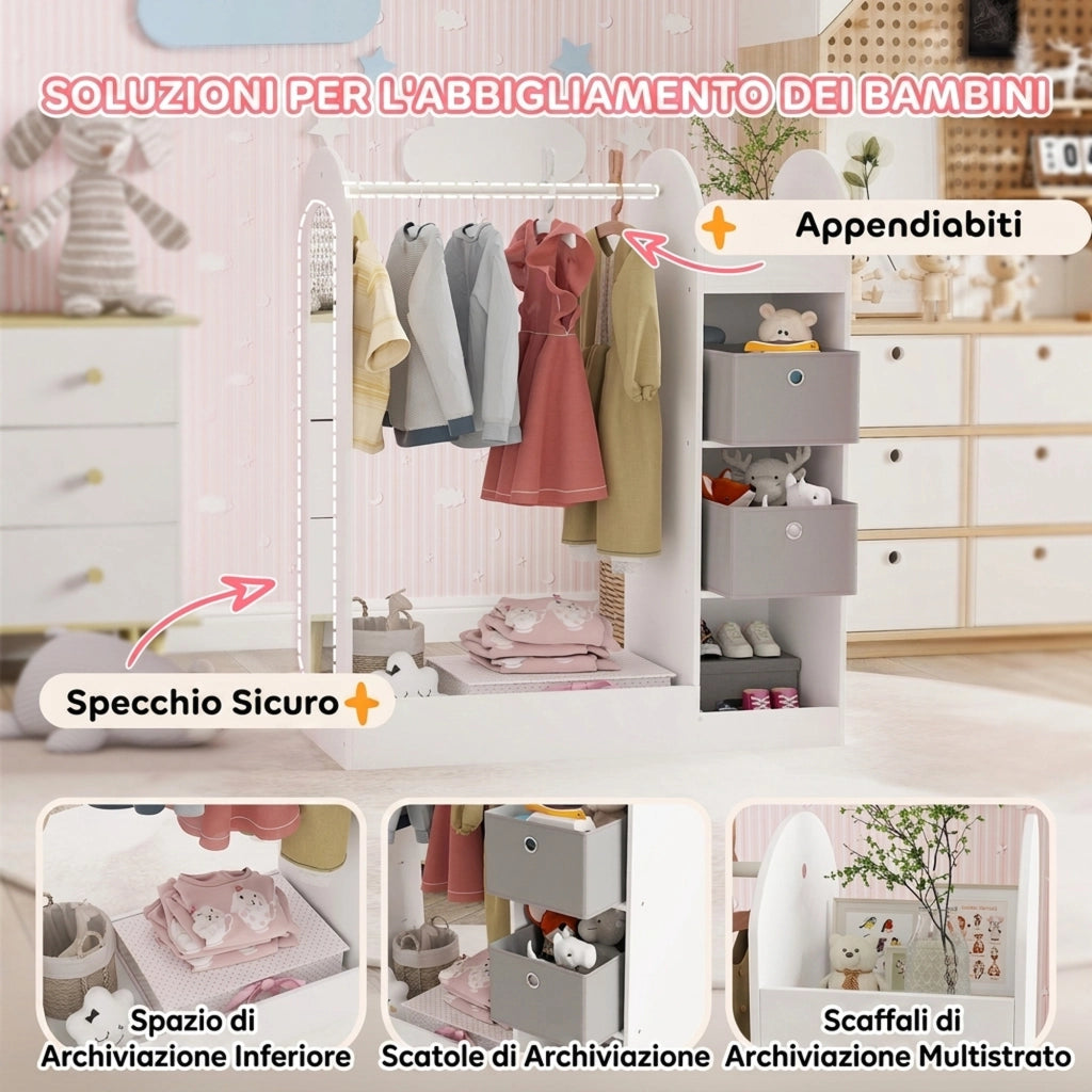 Appendiabiti per Bambini 3-8 Anni 92x36x106 cm con Ripiani 2 Scatole Asta Appendiabiti e Specchio in MDF Bianco